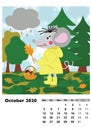 Children calendar 2020 for October, with main hero rat or mouse, a symbol of the new year. The week starts on Monday. Cartoon