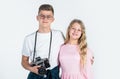 children with camera. photographer. kids friendship concept. hobby. family day. teen boy and girl