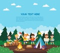 Children camping out in the park. Camping kids concept. Summer camp education advertising.
