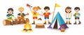 Children camping out on white background. Camping kids concept. Summer camp education advertising.
