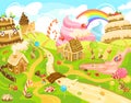 Children in candy land, kids in fantasy world of sweets, boys and girls cartoon characters, vector illustration