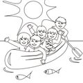 Children in a canoe on the sea, coloring book,eps.