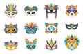 Children carnival mask. Abstract festival masks, animals faces and decorative accessories. Birthday or party elements