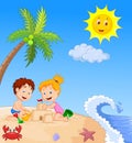 Children cartoon making sand castle at tropical beach Royalty Free Stock Photo