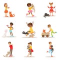 Children And Cats Illustrations Set With Kids Playing And Taking Care Of Pet Animals Royalty Free Stock Photo
