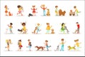 Children And Cats Illustrations Set With Kids Playing And Taking Care Of Pet Animals Royalty Free Stock Photo