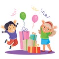 Children celebrate a happy holiday and they were presented with many large boxes with gifts, isolated object on a white