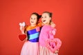Children celebrate Valentines day. Sisters with furry and soft hearts