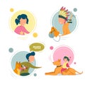 Children Character Playing with Dog Pet Flat. Royalty Free Stock Photo