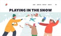 Children Characters Enjoying Snow Fun and Winter Holidays Landing Page Template. Happy Kids Making Snowman, Snowballs Royalty Free Stock Photo