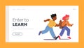 Children Characters Having Fun Landing Page Template. Happy Pupils African Boy and Caucasian Girl with Rucksack Run