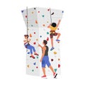 Children Characters Scale A Climbing Wall With Guidance Of Trainer. Excitement And Adventure Of Outdoor Activities