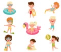 Children Characters at Sea Shore Playing in Sand, Sunbathing and Swimming in Water Vector Illustrations Set