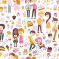 Children characters seamless pattern. Lovely boys and girls in love, friends congratulate each other on the holidays