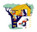 Children Characters on Tree House, Little Girls and Boys Playing on Child Playground, Treehouse with Wooden Ladder Royalty Free Stock Photo