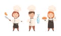 Children Chef in White Toque and Uniform Enjoying Culinary and Cookery Holding Baked Pie and Fish Vector Set