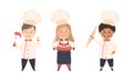 Children Chef in White Toque and Uniform Enjoying Culinary and Cookery Holding Cake and Rolling Pin Vector Set