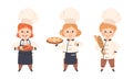 Children Chef in White Toque and Uniform Enjoying Culinary and Cookery Holding Pizza and Fresh Bread Vector Set