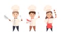 Children Chef in White Toque and Uniform Enjoying Culinary and Cookery Holding Shashlik on Skewer and Whisk with Bowl