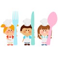 Children chefs holding a fork, a knife and a spoon. Vector illustration