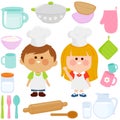 Children chefs with kitchen utensils. Vector illustration