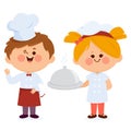 Children chefs serving food. Cooking children. Vector illustration