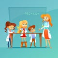 Children at chemistry class illustration of pupils and teacher with chemical formula on blackboard cartoon design