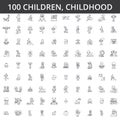 Children, childhood, preschooler, newborn, kid health, playing games, kindergarten, teenager lifestyle line icons, signs