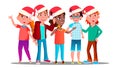 Children In Christmas Caps Singing Carol Vector. Illustration