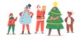 Children in Christmas Costumes, Little Girls and Boys Performing on School or Kindergarten Matinee. Elf, Snowman, Santa