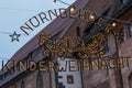 Children Christmas market sign with lights in Nuremberg, Germany