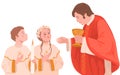 Children in the church during the first communion. The priest is holding bread. Vector illustration. A ceremony in the Christian Royalty Free Stock Photo