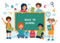 Children in class with a chalkboard, back to school concept, cute characters. Vector illustration in flat style