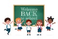 Children in the class near a chalkboard. Back to school concept, cartoon pupil characters. Vector illustration in 3d