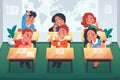 Children in classroom. Cartoon primary school students sitting in class room. Boys and girls learning in kindergarten Royalty Free Stock Photo