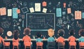Children in classroom observing blackboard filled with notes and drawings Royalty Free Stock Photo