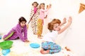 Children Clean Up After Food Fight Pajama Party Royalty Free Stock Photo
