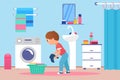 Children clean wash clothes on laundry day, happy boy kid holding dirty fabric cloth