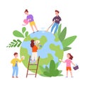 Children cleaning globe. Preschool volunteers clean earth, kid planet care ecosystem world day save global environment