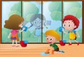 Children cleaning window at home