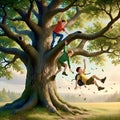 Children Climbing and Falling out of Tree Royalty Free Stock Photo