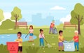 Children collect garbage. Kids cleaning park of trash, boys girls sort waste and save nature, volunteers clean up Royalty Free Stock Photo