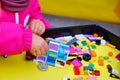 Children collect Lego constructor at a company presentation - Moscow, Russia, 08 02 2019