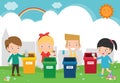 Children collect rubbish for recycling, Kids Segregating Trash, Save the World,Template for advertising brochure