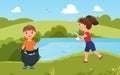 Children collect trash garbage, clean nature, cute volunteer boy girl cleaning green park