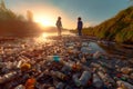 Children collecting plastic bottles and cans from a riverbank. Generative AI