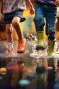 Children with colorful gum boots splashing water in muddy puddles.