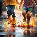 Children with colorful gum boots splashing water in muddy puddles.