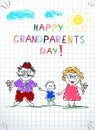 Children colorful hand drawn vector greeting card with grandpa, grandma and grandchild together.