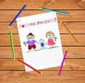 Children colorful hand drawn vector greeting card with grandpa, grandma and grandson together. Royalty Free Stock Photo